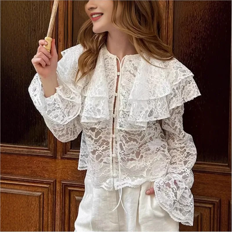 Lace Ruffled Long Sleeve Blouse Women New Drawstring Lace-up Fashion Shirt Autumn Elegant Sheer Top For Ladies Party Streetwear
Lace Ruffled Long Sleeve Blouse Women New Drawstring Lace-up Fashion Shirt Autumn Elegant Sheer Top For Ladies Party Streetwear