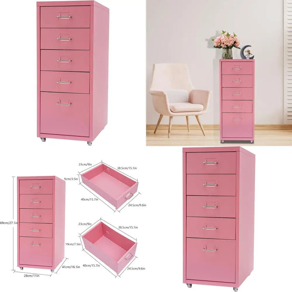 Pink 5-Drawer Metal File Cabinet with Wheels for Home Office Storage
Pink 5-Drawer Metal File Cabinet with Wheels for Home Office Storage