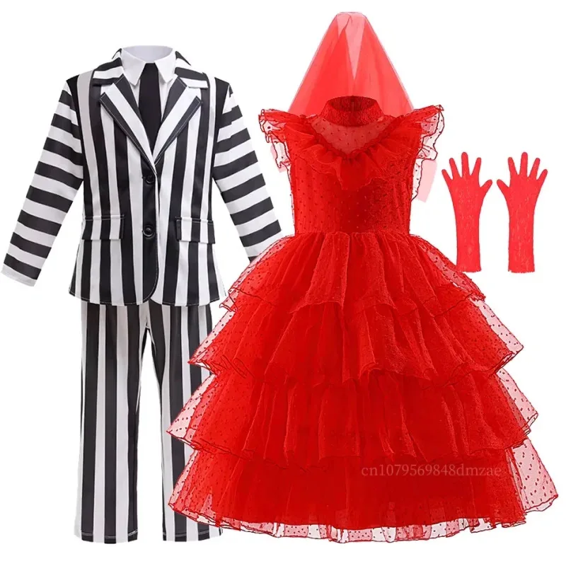 2024Kids Halloween Girls Costume Movie Betlajuice Couple Cosplay Boys Black White Striped Jacket Coat Bride Red Dress
2024Kids Halloween Girls Costume Movie Betlajuice Couple Cosplay Boys Black White Striped Jacket Coat Bride Red Dress