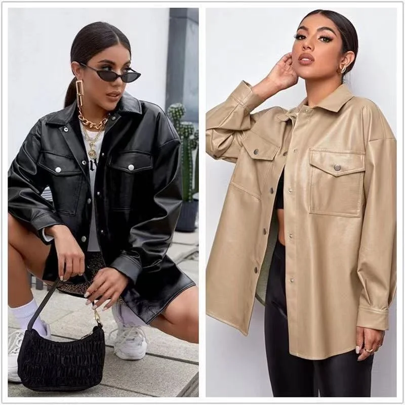 Women Jackets Autumn Polo Collar Imitation Leather PU Loose Style Personalized Street Long Sleeve Leather Coat Fashion Clothing
Women Jackets Autumn Polo Collar Imitation Leather PU Loose Style Personalized Street Long Sleeve Leather Coat Fashion Clothing