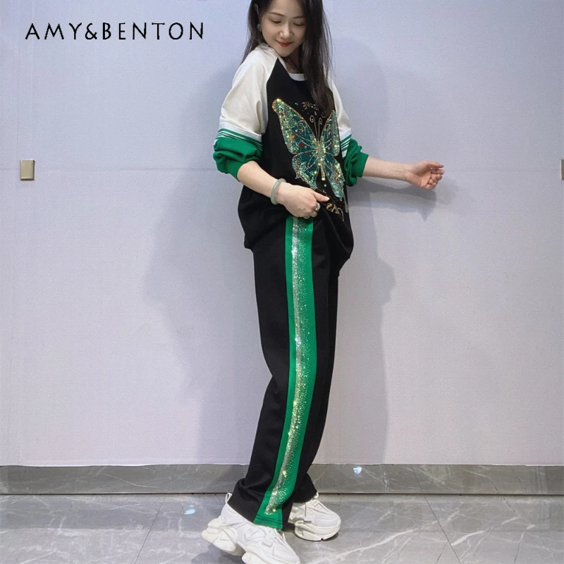 Women's Autumn Raglan Crew Neck Pullovers Long Sleeves Oversized Sweatshirt Pants Outfits Rhinestones Sportswear Two-Piece Set
Women's Autumn Raglan Crew Neck Pullovers Long Sleeves Oversized Sweatshirt Pants Outfits Rhinestones Sportswear Two-Piece Set