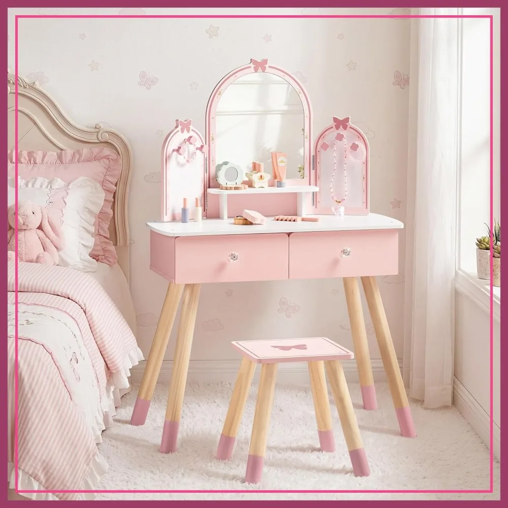 Kids Vanity Table and Chair Set with Mirror, Pretend Play Dressing Table for Girls Age 3+, Pink
Kids Vanity Table and Chair Set with Mirror, Pretend Play Dressing Table for Girls Age 3+, Pink