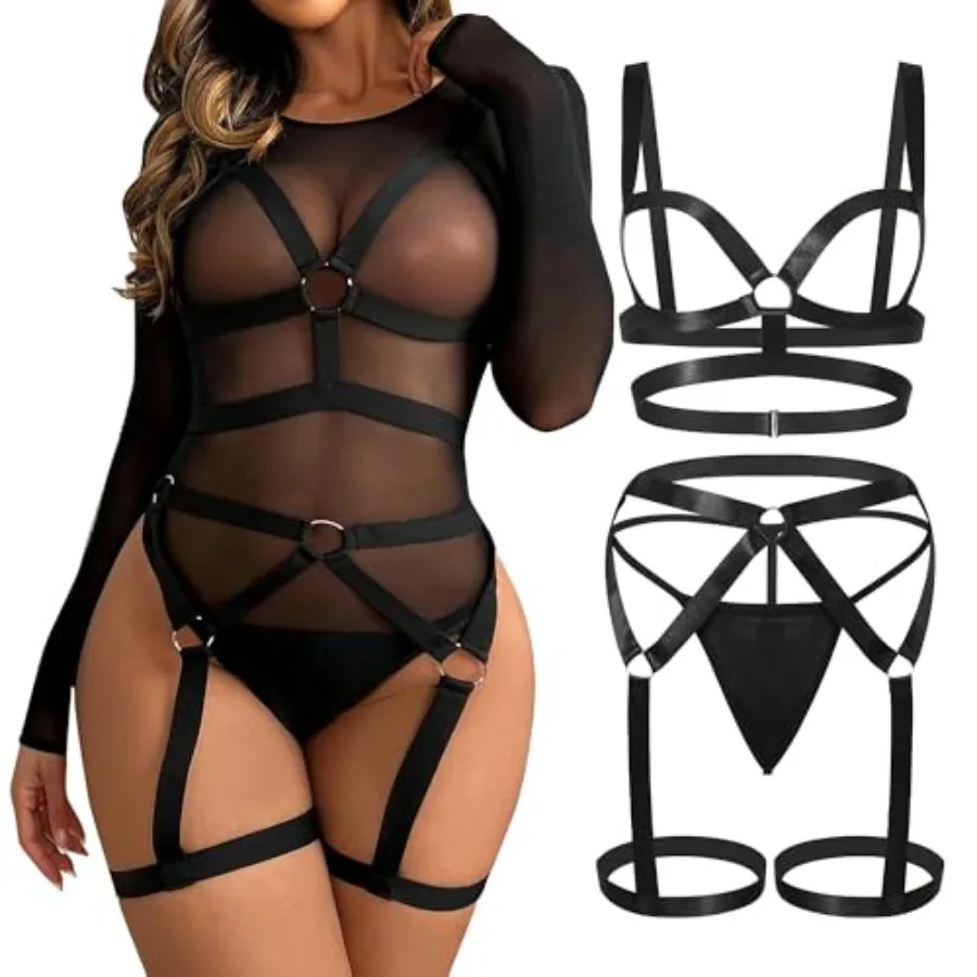 Women's Sexy Strappy Lingerie Set Hollow Out Harness Bra and Garter Belt Set Wide Straps Elastic Gothic Underwear Push-up Bras
Women's Sexy Strappy Lingerie Set Hollow Out Harness Bra and Garter Belt Set Wide Straps Elastic Gothic Underwear Push-up Bras