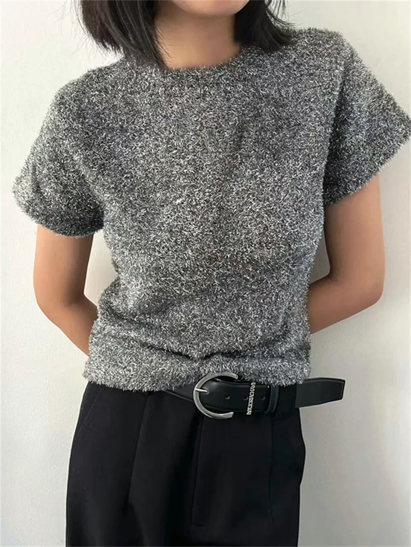 Grey T-Shirt Women Round Neck Bright Silk Short Sleeve Ladies Fashion Tshirt Top 2024 Summer New
Grey T-Shirt Women Round Neck Bright Silk Short Sleeve Ladies Fashion Tshirt Top 2024 Summer New