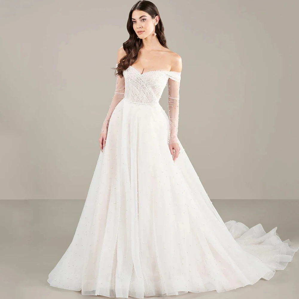 Modern Pearl Tulle Wedding Dress Off the Shoulder Long Sleeve A-Line Pleat Floor Length Bridal Backless Customized Gowns
Modern Pearl Tulle Wedding Dress Off the Shoulder Long Sleeve A-Line Pleat Floor Length Bridal Backless Customized Gowns