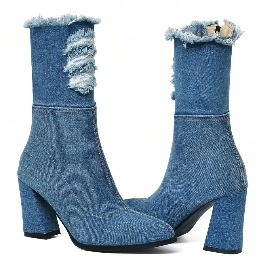 Womens Denim Ankle Boots Chunky High Heel Pointed Toe With Side Zipper
Womens Denim Ankle Boots Chunky High Heel Pointed Toe With Side Zipper