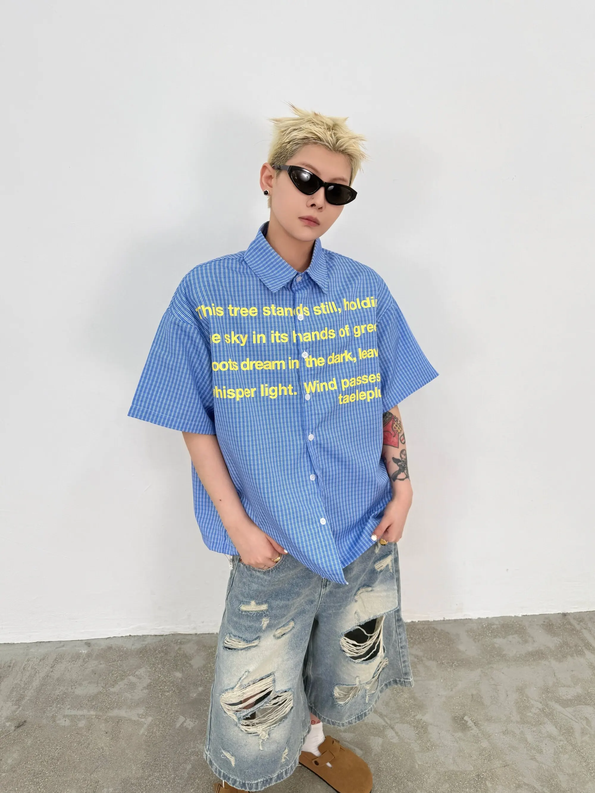 EAT Summer Blue Plaid Casual Shirt Short Sleeve Unisex Letter Print Contrast Color Couple Half Sleeve Shirt Loose Fit Breathable
EAT Summer Blue Plaid Casual Shirt Short Sleeve Unisex Letter Print Contrast Color Couple Half Sleeve Shirt Loose Fit Breathable