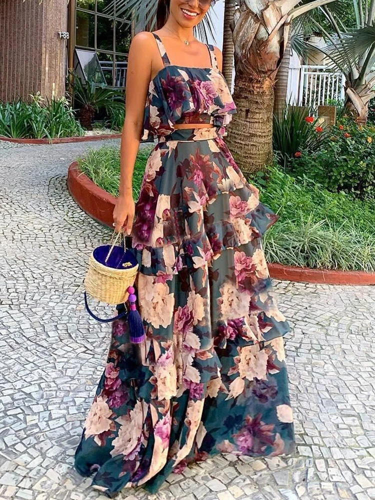 Sexy Floral Print Ruffle Two Piece Holiday Party Beach Set Women Short Tank Tops And Long Skirts High Waist Club Outfits Sets
Sexy Floral Print Ruffle Two Piece Holiday Party Beach Set Women Short Tank Tops And Long Skirts High Waist Club Outfits Sets