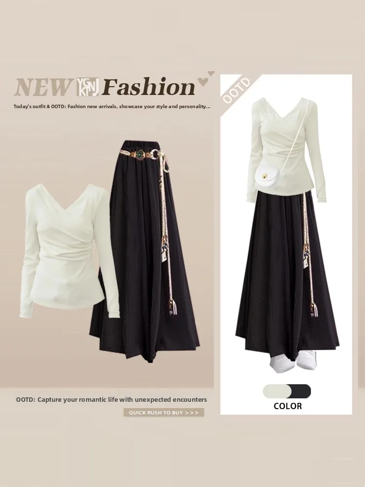 Korean Gentle Sle Spring Waist Cinched Pleated V-Ne Base irt Pure Desire Bla Casual Skirt Pants Loose Two-Piece Set
Korean Gentle Sle Spring Waist Cinched Pleated V-Ne Base irt Pure Desire Bla Casual Skirt Pants Loose Two-Piece Set