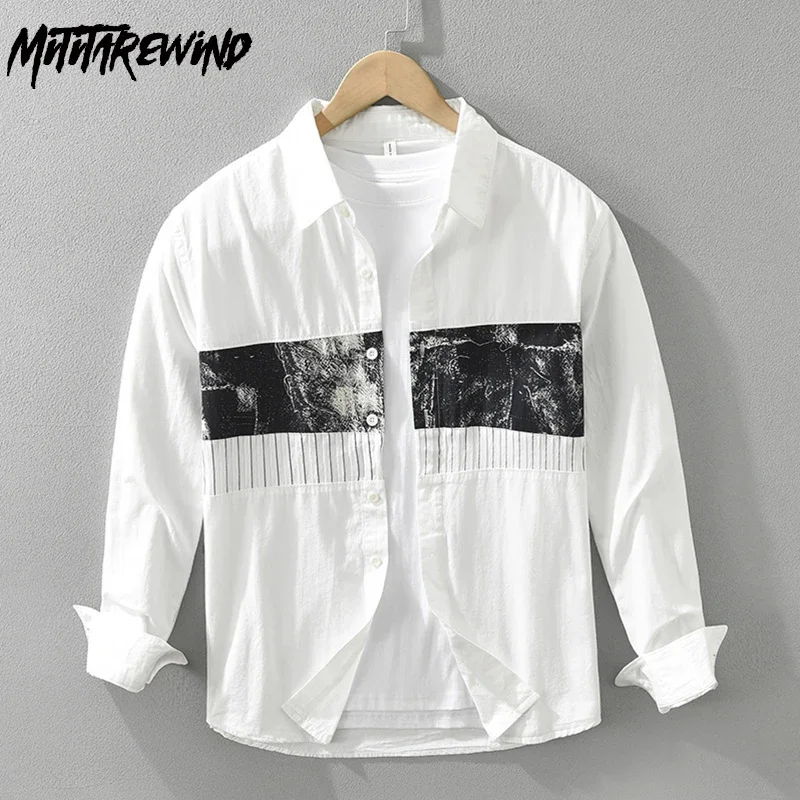 2025 Новые мужские рубашки, весна-осень, повседневная белая рубашка из чистого хлопка с длинным рукавом, мужская свободная лоскутная рубашка с принтом, молодежные модные топы 
2025 Новые мужские рубашки, весна-осень, повседневная белая рубашка из чистого хлопка с длинным рукавом, мужская свободная лоскутная рубашка с принтом, молодежные модные топы