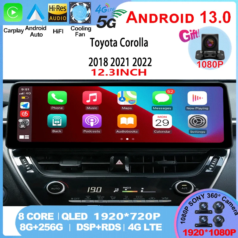 Автомобильный мультимедийный видеоплеер для Toyota Corolla 2018, 2021, 2022, 12,3 дюйма, GPS-навигация, радио, Android 13, 8 + 128G, Carplay, DSP звук