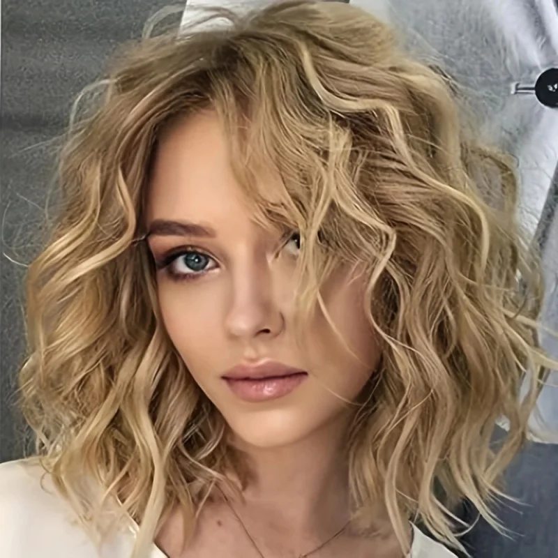 Women's short curly hair wig with gradient golden color on the top, partial synthetic fiber headpiece
Women's short curly hair wig with gradient golden color on the top, partial synthetic fiber headpiece