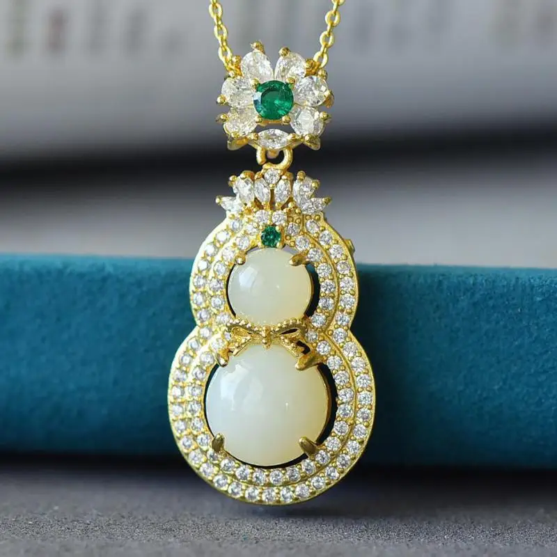 Natural White Jade Charm Gourd Necklace Women Fine Jewelry Chinese Nephrite Hetian Jade Luxury Zircon Gourd Pendant Necklace
Natural White Jade Charm Gourd Necklace Women Fine Jewelry Chinese Nephrite Hetian Jade Luxury Zircon Gourd Pendant Necklace
