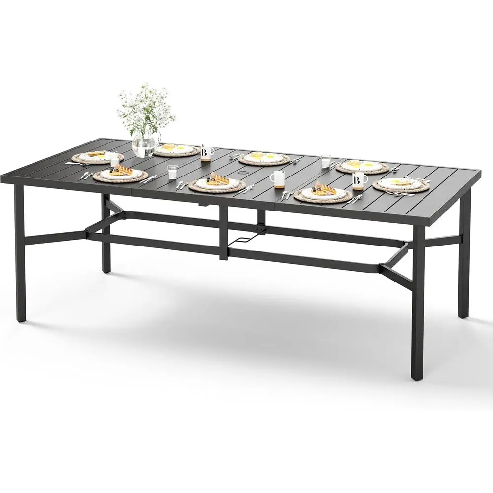 Стол для уличной обеденной зоны на 8 персон с отверстием для зонта, черный металл, подходит для патио, газона или сада, 83 длины x 39 ширины x 29 высоты
Стол для уличной обеденной зоны на 8 персон с отверстием для зонта, черный металл, подходит для патио, газона или сада, 83 длины x 39 ширины x 29 высоты