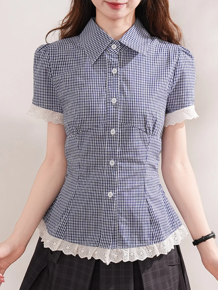 Sweet Chic Plaid Shirt Women Lace Patchwork Short Sleeve Cute Blouse Preppy Style Casual Fashion Summer Female Kawaii Tops New
Sweet Chic Plaid Shirt Women Lace Patchwork Short Sleeve Cute Blouse Preppy Style Casual Fashion Summer Female Kawaii Tops New