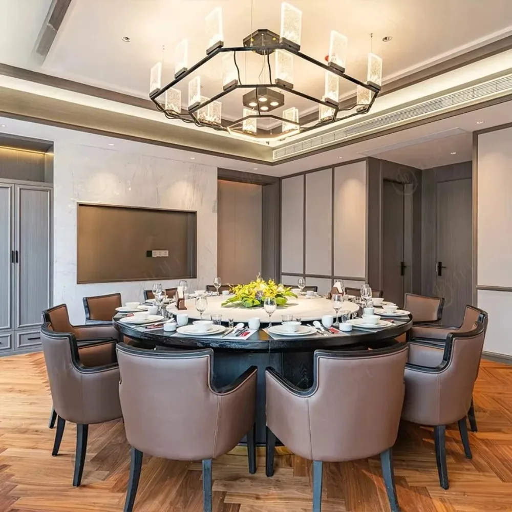 Elegant leather round tables and armchairs Hotel restaurant furniture
Elegant leather round tables and armchairs Hotel restaurant furniture