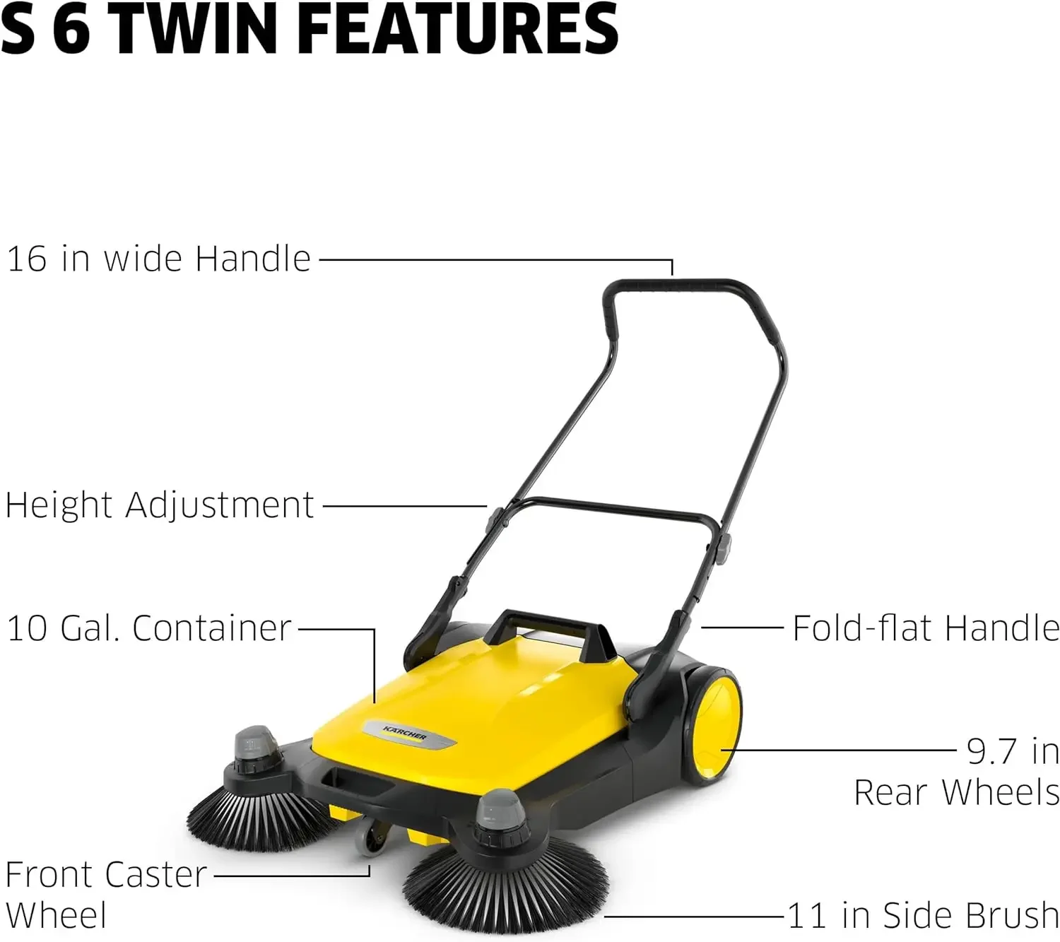 Kärcher S 6 Twin Walk Behind Outdoor Hand Push Floor Sweeper 10 Gallon Capacity 33.9" Sweeping Width Sweeps up
Kärcher S 6 Twin Walk Behind Outdoor Hand Push Floor Sweeper 10 Gallon Capacity 33.9" Sweeping Width Sweeps up
