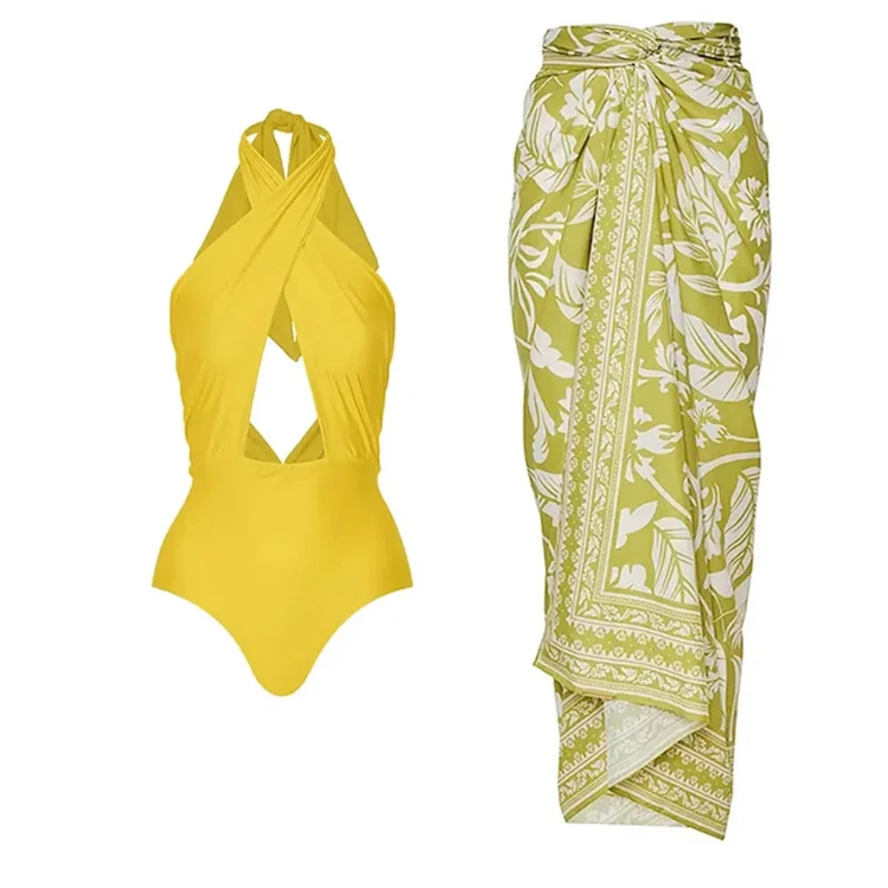 Women's Self-tie Halterneck One-piece Swimsuit Low-back, V-neck with Sarong, Cover Up, Pareo Luxury Beach Dress Summer Holiday
Women's Self-tie Halterneck One-piece Swimsuit Low-back, V-neck with Sarong, Cover Up, Pareo Luxury Beach Dress Summer Holiday