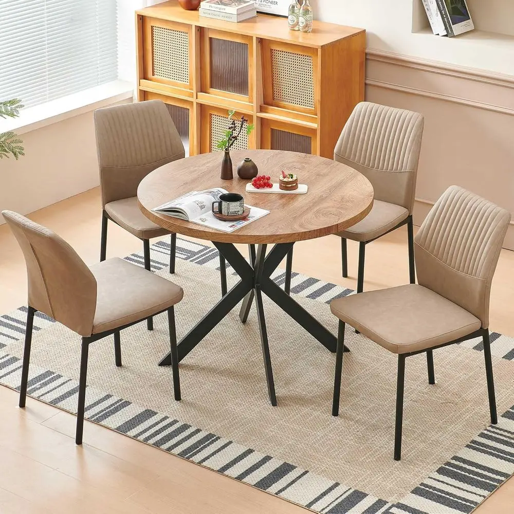 37 Inch Round Wooden Dining Table with 4 Leather Chairs, Perfect for Kitchen or Breakfast Nook
37 Inch Round Wooden Dining Table with 4 Leather Chairs, Perfect for Kitchen or Breakfast Nook
