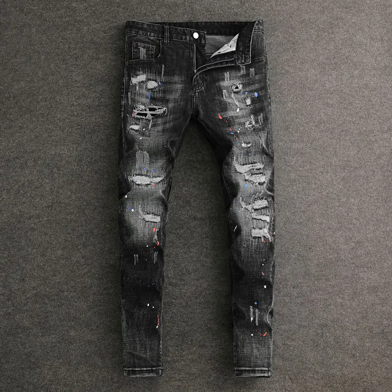Street Fashion Men Jeans Retro Black Gray Stretch Skinny Fit Ripped Jeans Men Painted Designer Vintage Hip Hop Denim Pants
Street Fashion Men Jeans Retro Black Gray Stretch Skinny Fit Ripped Jeans Men Painted Designer Vintage Hip Hop Denim Pants