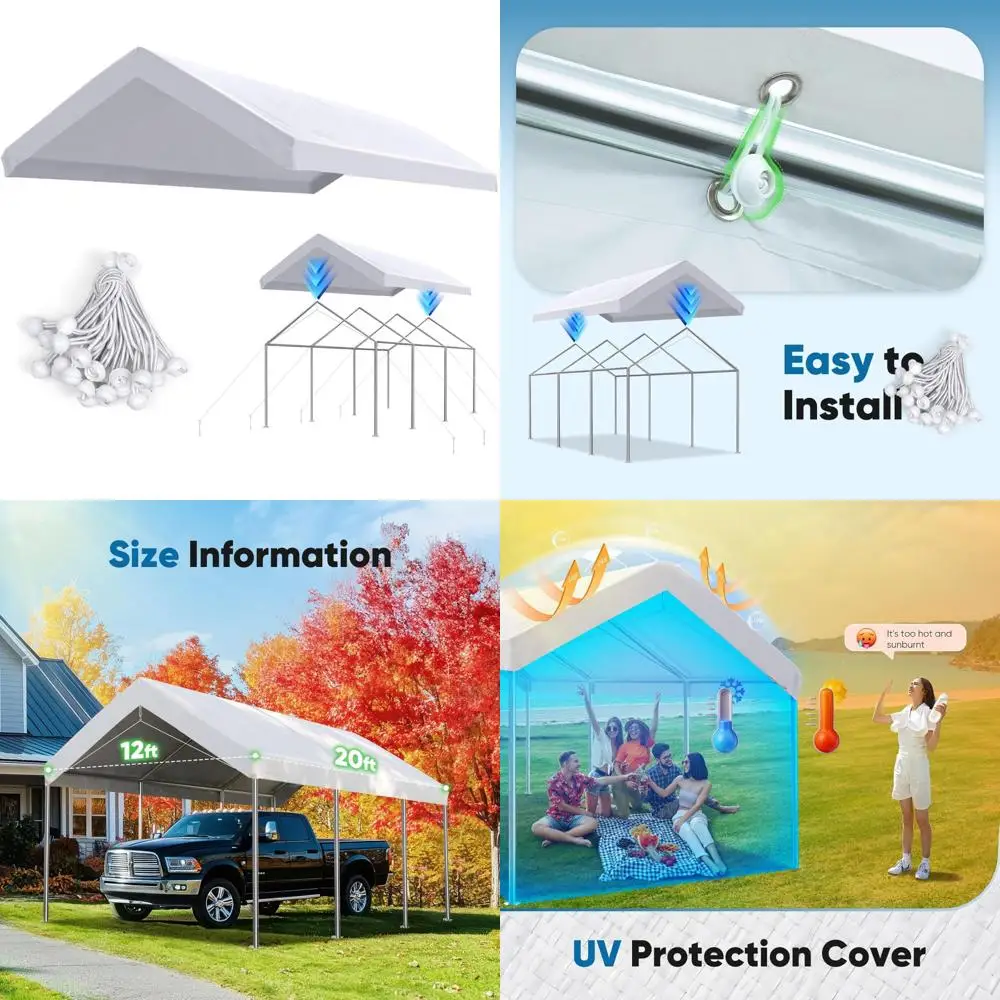 Replacement Top Cover Tarp for 12x20 ft Carport Canopy with Ball Bungees, White, Single Roof, Outdoor Protection
Replacement Top Cover Tarp for 12x20 ft Carport Canopy with Ball Bungees, White, Single Roof, Outdoor Protection