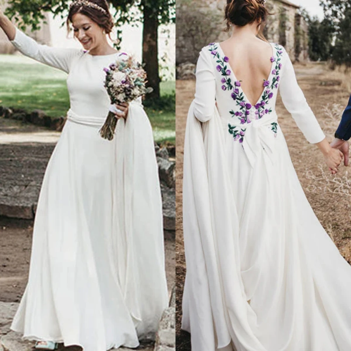 Simple A-Line Satin Wedding Dress Embroidery Back Sleeves Elegant Ivory White Bridal Gown With Detachable Long Train 2025 Garden 
Simple A-Line Satin Wedding Dress Embroidery Back Sleeves Elegant Ivory White Bridal Gown With Detachable Long Train 2025 Garden