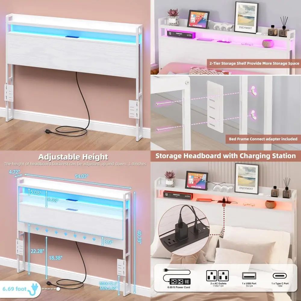 Full Size Platform Bed Headboard with 2-Tier Storage, LED Light, USB & Type-C Ports, Height Adjustable, Easy Assembly, White
Full Size Platform Bed Headboard with 2-Tier Storage, LED Light, USB & Type-C Ports, Height Adjustable, Easy Assembly, White