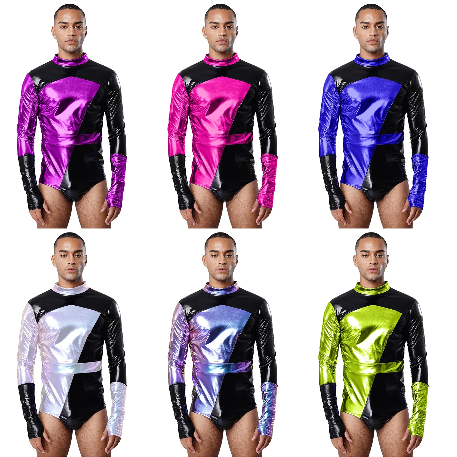 Мужское блестящее металлическое клубное боди с цветными блоками в стиле пэчворк, трико с длинным рукавом и высоким вырезом, с рукавами на руку, одежда для рейв-вечеринки, ночного клуба 
Мужское блестящее металлическое клубное боди с цветными блоками в стиле пэчворк, трико с длинным рукавом и высоким вырезом, с рукавами на руку, одежда для рейв-вечеринки, ночного клуба