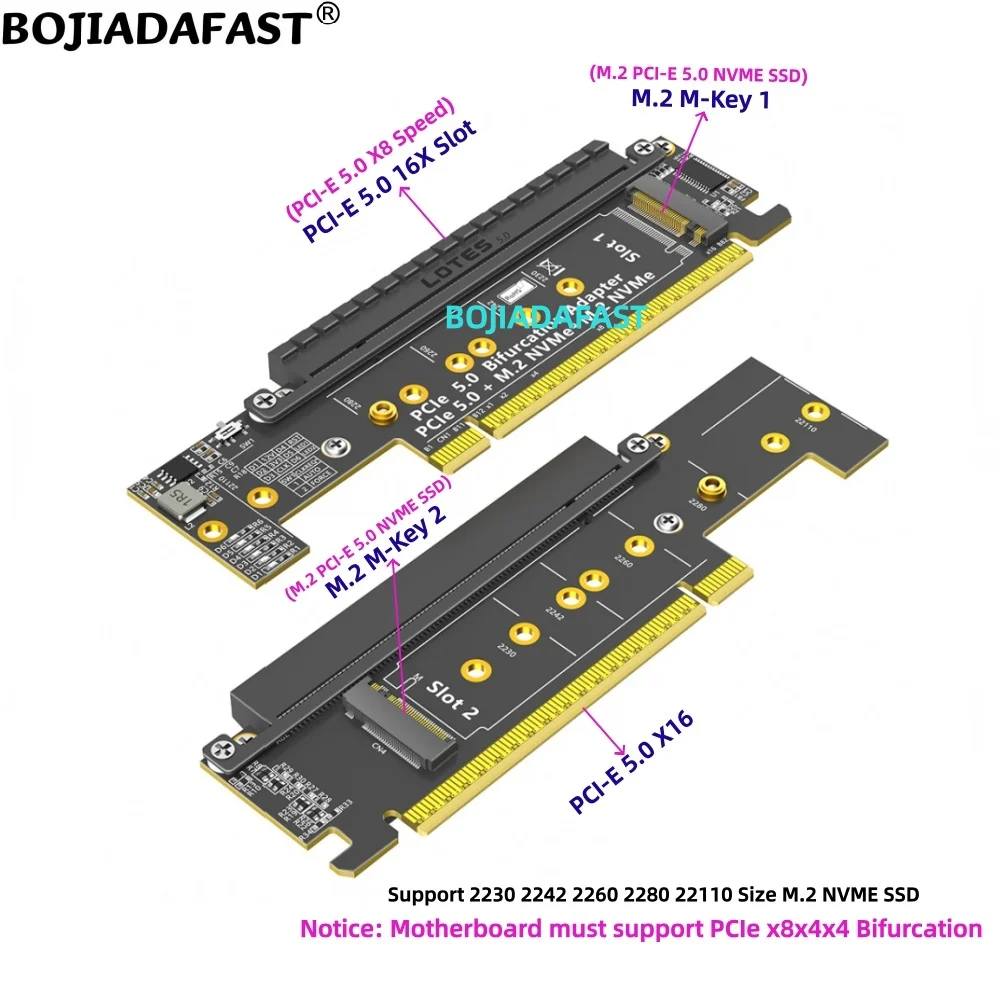 PCI-E 5.0 16X (8X Speed) to 2 Ports NGFF M.2 M-Key Adapter Card for 2280 22110 M2 NVME SSD MB Supports PCIe X8x4x4 Bifurcation
PCI-E 5.0 16X (8X Speed) to 2 Ports NGFF M.2 M-Key Adapter Card for 2280 22110 M2 NVME SSD MB Supports PCIe X8x4x4 Bifurcation