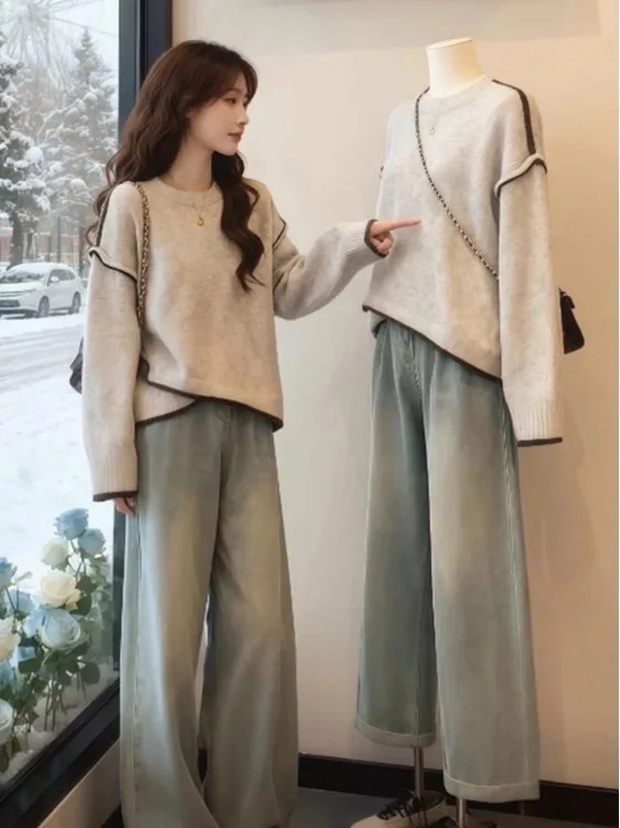 Women's Beige Long-sleeve Pullover Knit Sweater Thickened Irregular O-neck Spliced Top Korean Loose Trendy Office Commut Outfit
Women's Beige Long-sleeve Pullover Knit Sweater Thickened Irregular O-neck Spliced Top Korean Loose Trendy Office Commut Outfit