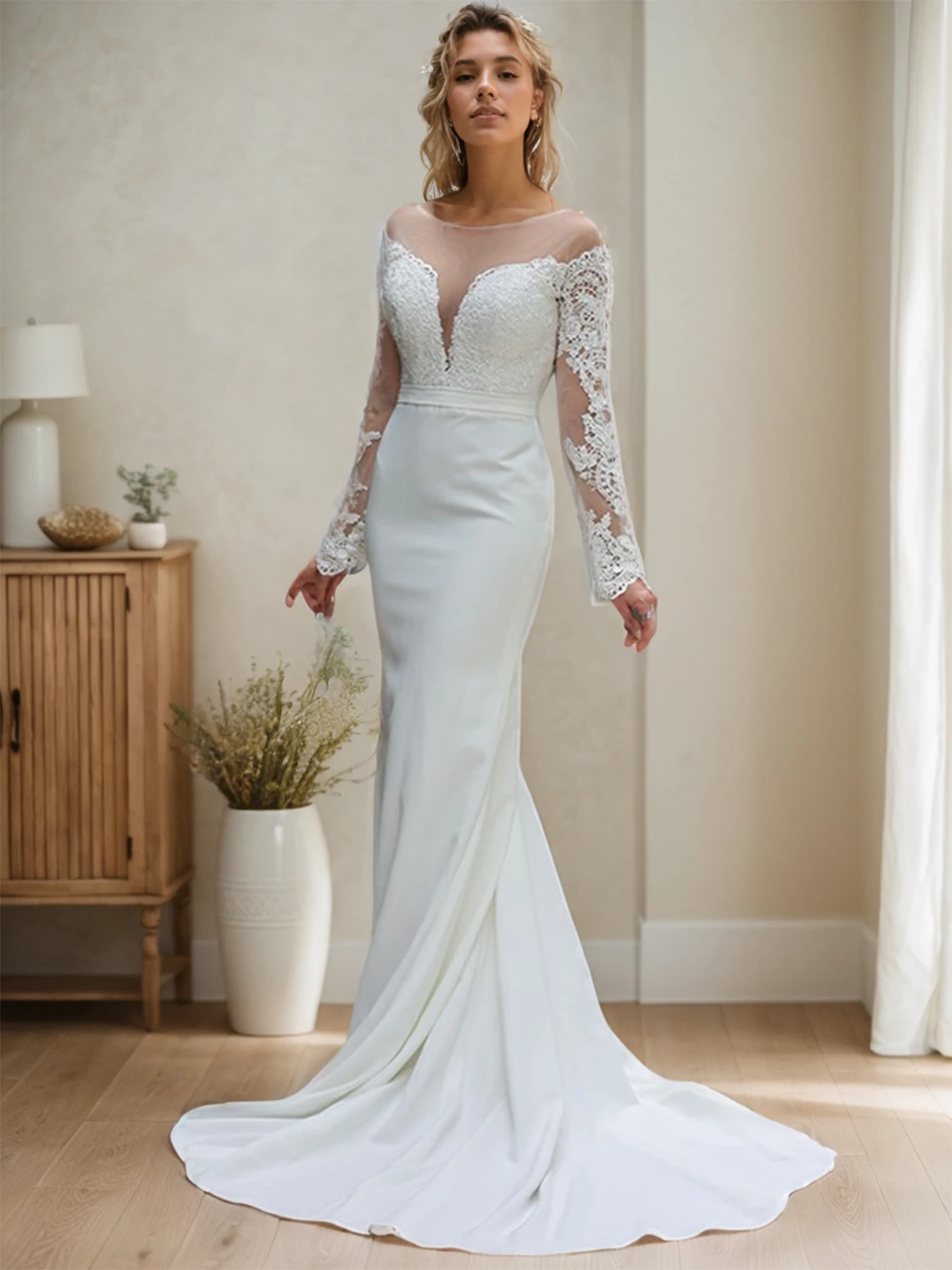 Elegant Romantic Mermaid Beach Wedding Dress Sweet Illusion Neckline Appliques Long Sleeves Stretch Fabric 2025 Free Customized
Elegant Romantic Mermaid Beach Wedding Dress Sweet Illusion Neckline Appliques Long Sleeves Stretch Fabric 2025 Free Customized