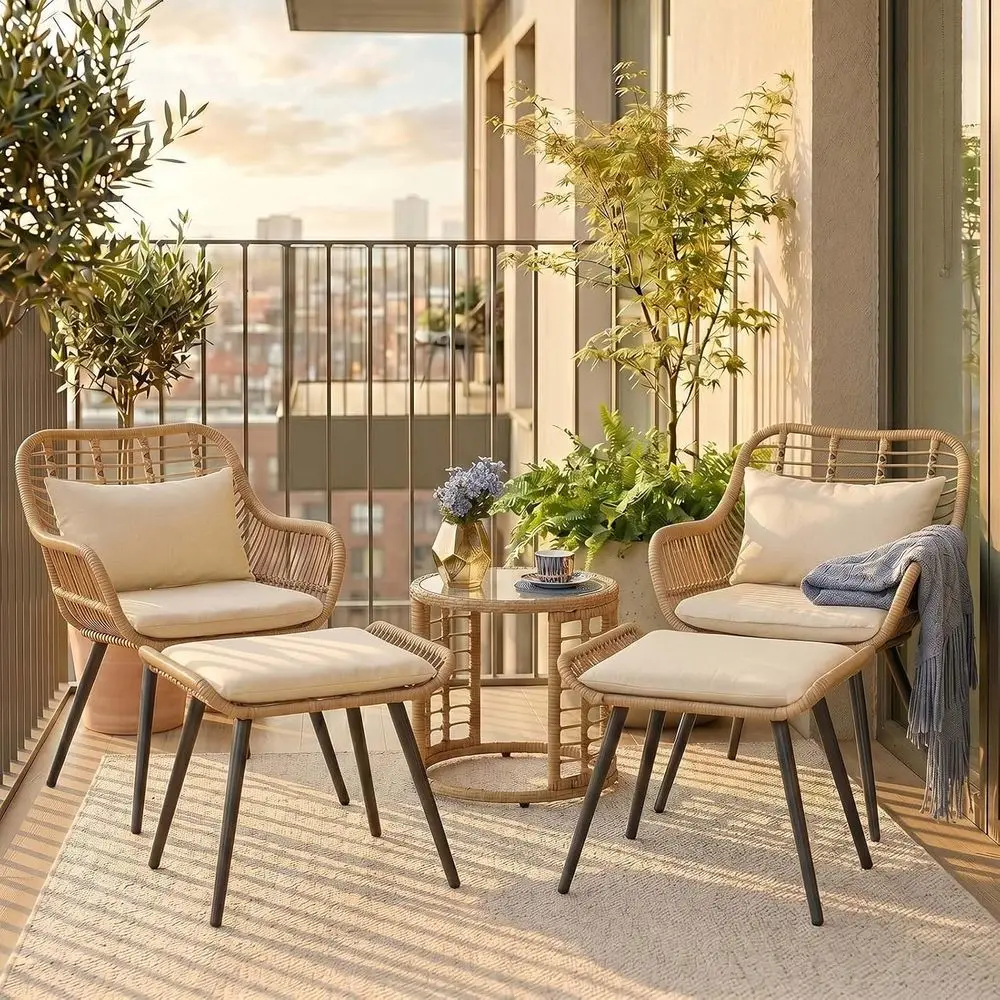 5-Piece Wicker Patio Furniture Set with Rattan Bistro, 2 Ottomans, Coffee Table - Ideal for Balcony, Porch, Backyard in Creamy W
5-Piece Wicker Patio Furniture Set with Rattan Bistro, 2 Ottomans, Coffee Table - Ideal for Balcony, Porch, Backyard in Creamy W