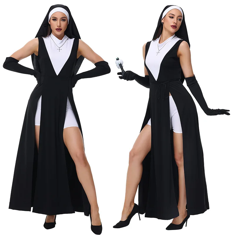 Easter Cosplay Nun Costume Adult Convent Virgin Mary Dress Sexy Sleeveless Slit Long Nun Dress Shorts Headscarf Gloves Gothic
Easter Cosplay Nun Costume Adult Convent Virgin Mary Dress Sexy Sleeveless Slit Long Nun Dress Shorts Headscarf Gloves Gothic