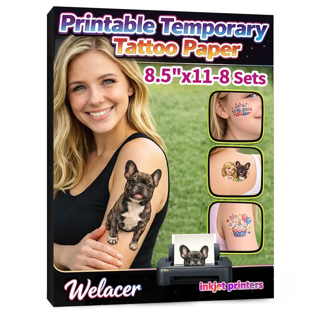 Printable Temporary Tattoo Paper for Inkjet Printer - 8.5x11in, 8 Sheets, DIY Custom Design Transfers
Printable Temporary Tattoo Paper for Inkjet Printer - 8.5x11in, 8 Sheets, DIY Custom Design Transfers
