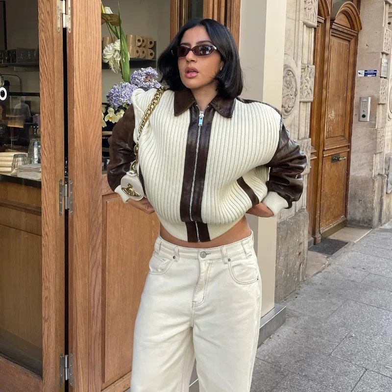 Long-sleeved Sweaters Fashion Outcoat European American Style Hot Girl Knitted Patchwork Leather Jacket Women's Clothing Jacket
Long-sleeved Sweaters Fashion Outcoat European American Style Hot Girl Knitted Patchwork Leather Jacket Women's Clothing Jacket