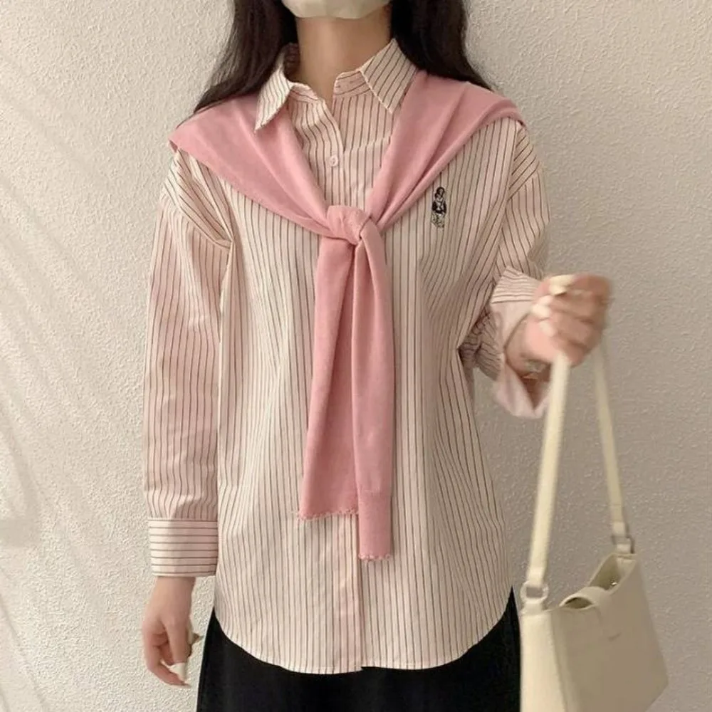 Y2K Striped Shirts Women Embroidery Bear Preppy Style Two Pieces Shirts Set Loose Outfits Knitted Shawl Shirts Streetwear
Y2K Striped Shirts Women Embroidery Bear Preppy Style Two Pieces Shirts Set Loose Outfits Knitted Shawl Shirts Streetwear