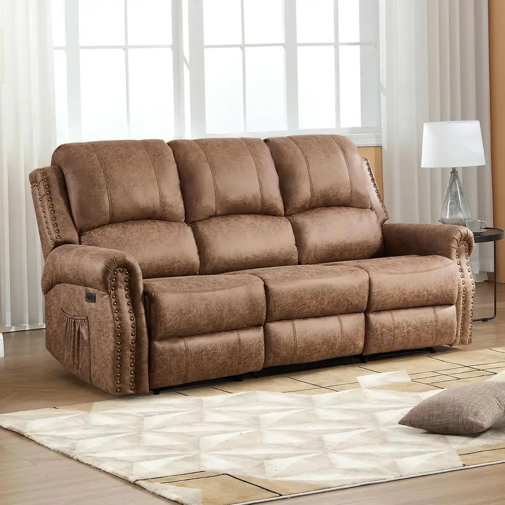Nut Brown 3-Seat Leather Power Reclining Sofa with Rivet Accents for Living Room or Office
Nut Brown 3-Seat Leather Power Reclining Sofa with Rivet Accents for Living Room or Office