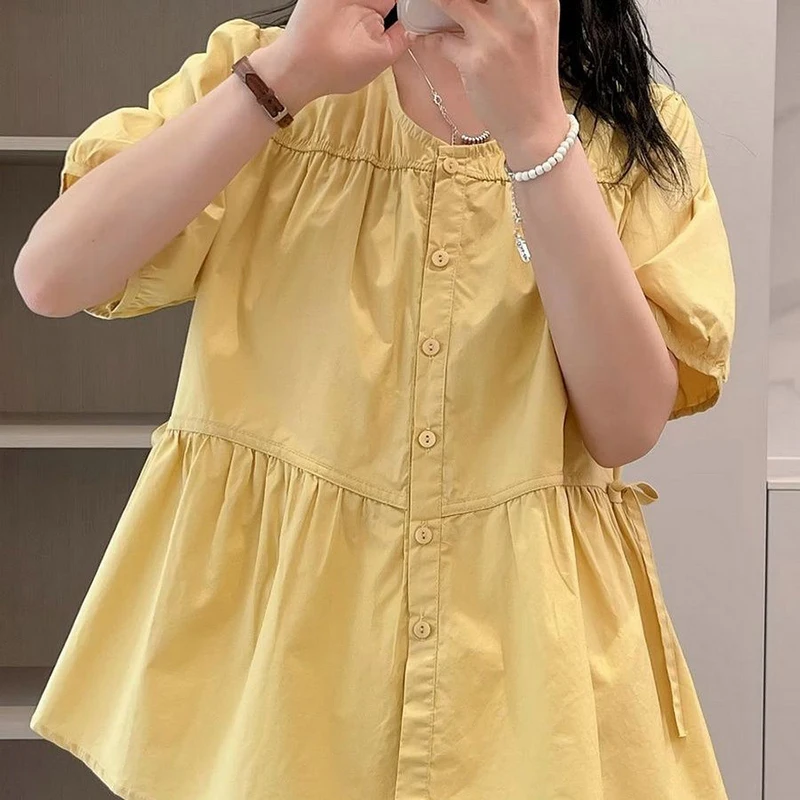 Sweet O-Neck Spliced Shirring Bandage Shirts Female Clothing 2025 Summer New Loose Solid Color Casual Tops Preppy Style Blouses
Sweet O-Neck Spliced Shirring Bandage Shirts Female Clothing 2025 Summer New Loose Solid Color Casual Tops Preppy Style Blouses