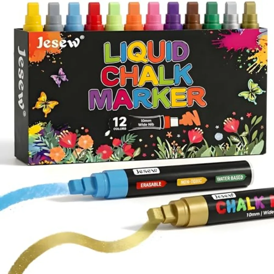 Chalk Markers for Blackboard Erasable, 12 Colors Liquid Chalk Pens with Gold and Silver, 10mm Jumbo 3-in-1 Tip, Washable Window
Chalk Markers for Blackboard Erasable, 12 Colors Liquid Chalk Pens with Gold and Silver, 10mm Jumbo 3-in-1 Tip, Washable Window