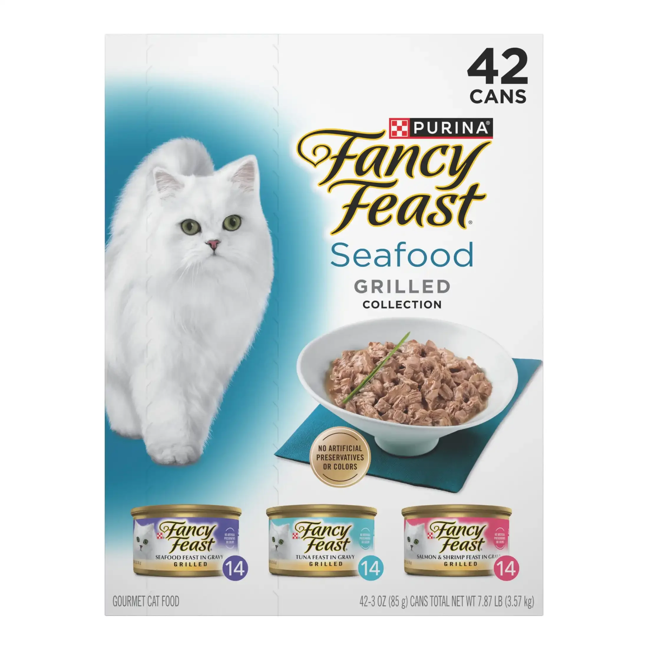 Grilled seafood wet cat food in 3 oz cans pack of 42
Grilled seafood wet cat food in 3 oz cans pack of 42