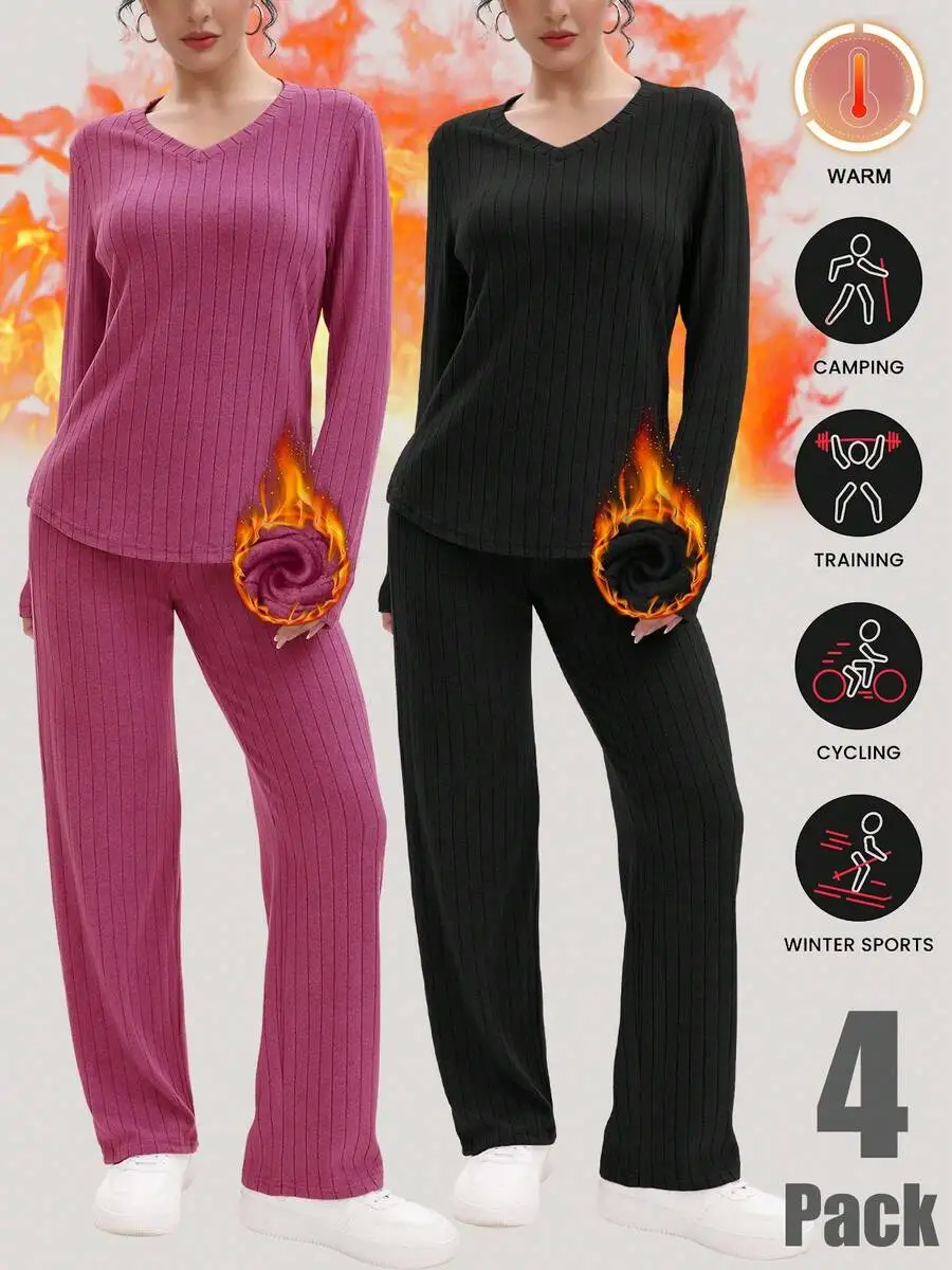 4-Piece Womens Ribbed Thermal Long Sleeve Top And Pants Set For Winter Sports Camping Training
4-Piece Womens Ribbed Thermal Long Sleeve Top And Pants Set For Winter Sports Camping Training
