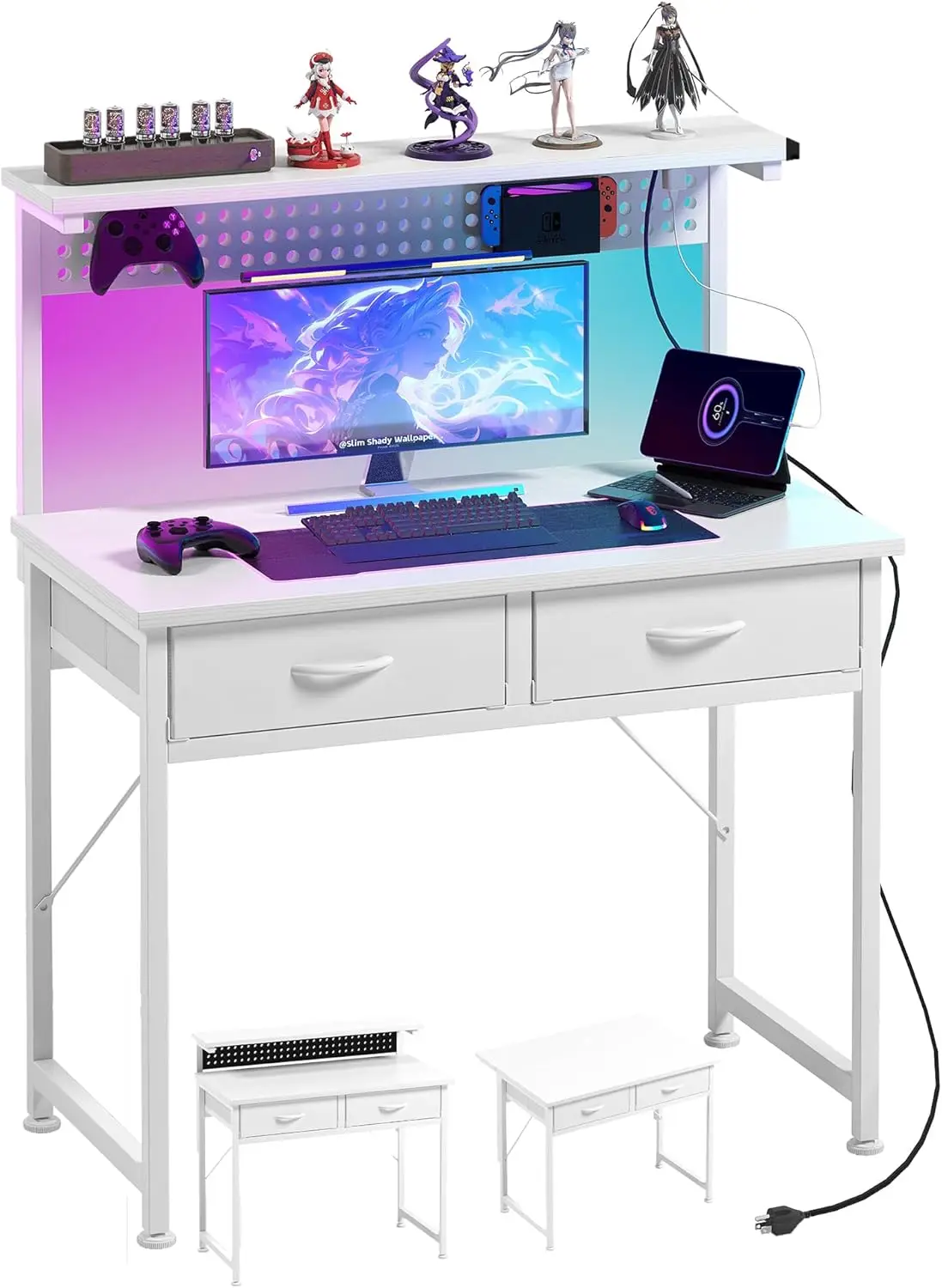 Small Desk with Drawers, 31 Inch Computer Desk with Power Outlet & LED Light, Gaming Desk with Adjustable Monitor Stand & Pegboa