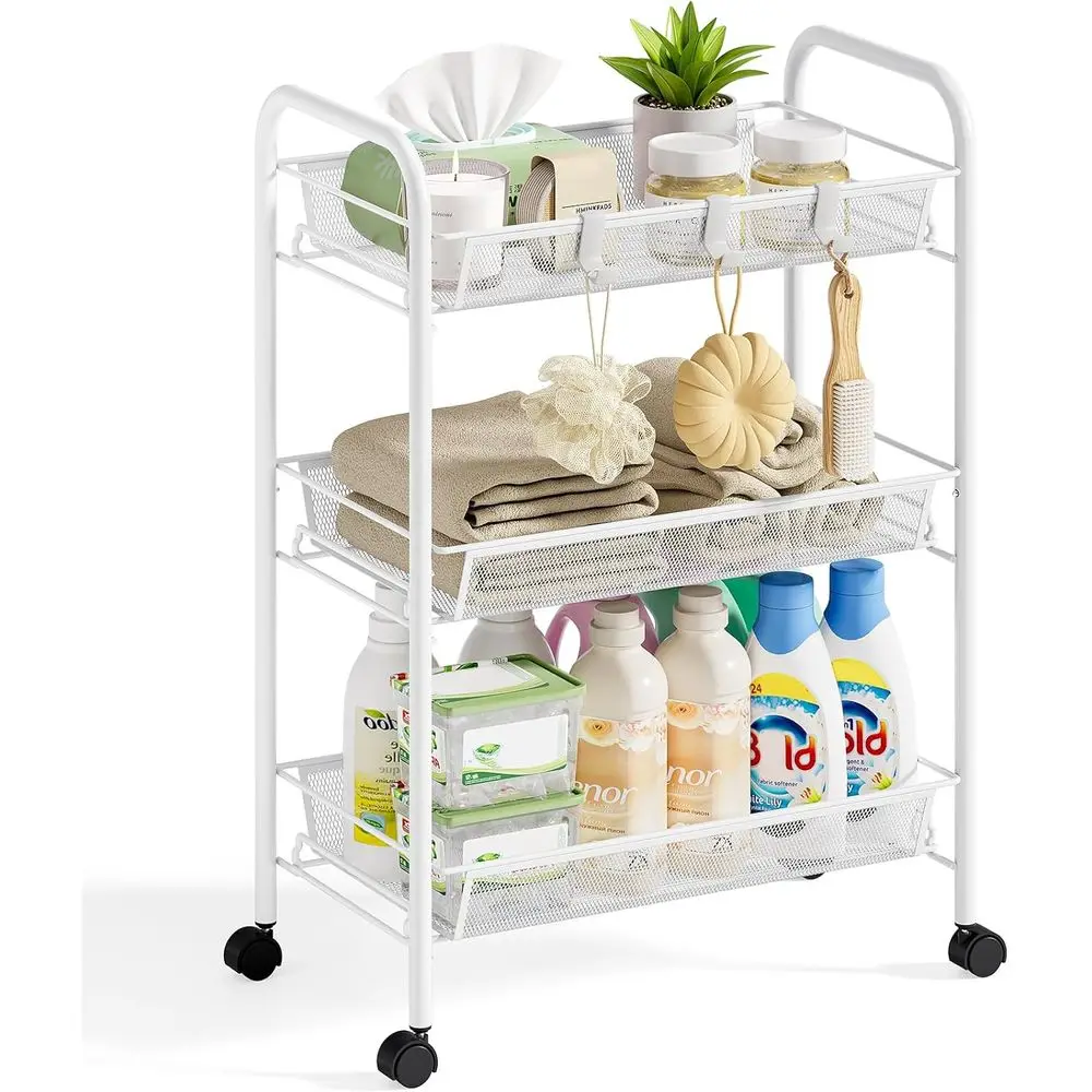 3-Tier Mesh Wire Storage Trolley with Easy Assembly, Organizer Cart 3 Hooks, Mobile Shelving Unit for Kitchen, Bathroom, Laundry
3-Tier Mesh Wire Storage Trolley with Easy Assembly, Organizer Cart 3 Hooks, Mobile Shelving Unit for Kitchen, Bathroom, Laundry