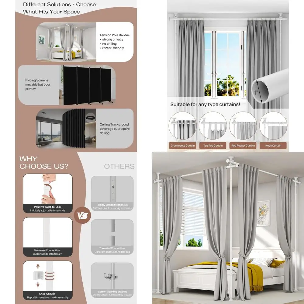 Adjustable Room Divider Curtain Rod, 63-130 Height & 31-135 Width, No-Drill, 3 Mounting Options, White
Adjustable Room Divider Curtain Rod, 63-130 Height & 31-135 Width, No-Drill, 3 Mounting Options, White