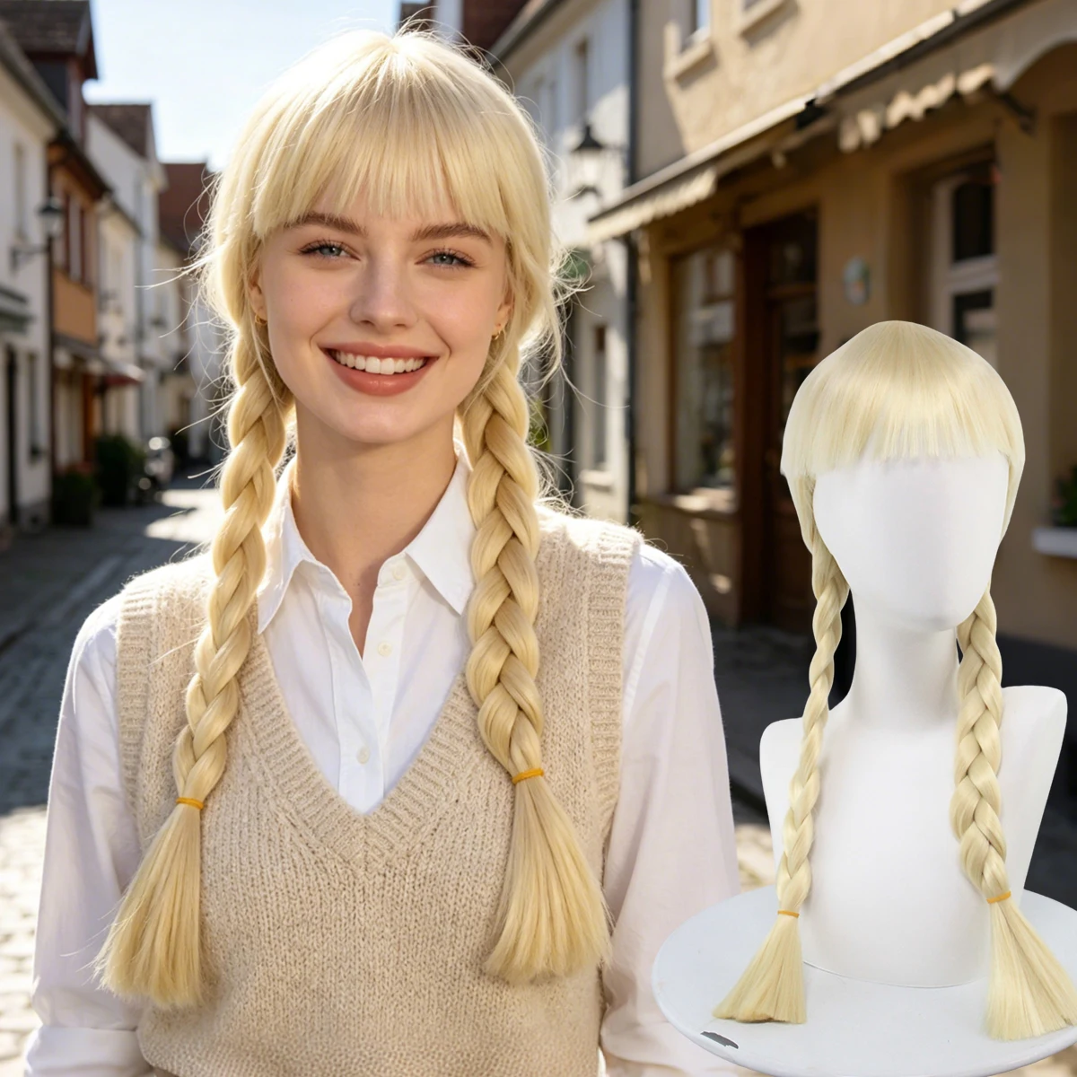 Blonde Double Braid Synthetic Wig with Bangs, Long Braided Hair for Cosplay, Themed Parties and Costume Events
Blonde Double Braid Synthetic Wig with Bangs, Long Braided Hair for Cosplay, Themed Parties and Costume Events