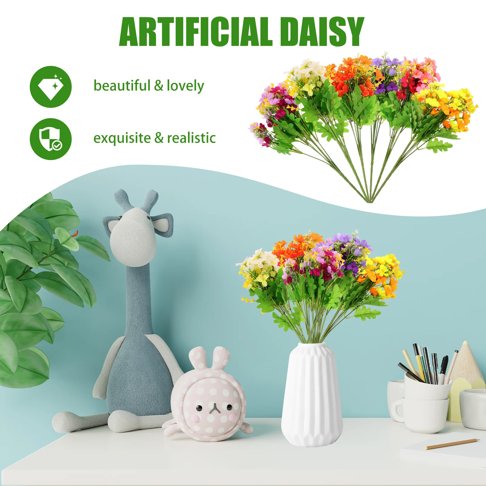 6Pcs Artificial Daisy Bouquet Silk Simulation Flowers Elegant Decoration for Home Wedding Bedroom Garden Balcony Office Party
6Pcs Artificial Daisy Bouquet Silk Simulation Flowers Elegant Decoration for Home Wedding Bedroom Garden Balcony Office Party