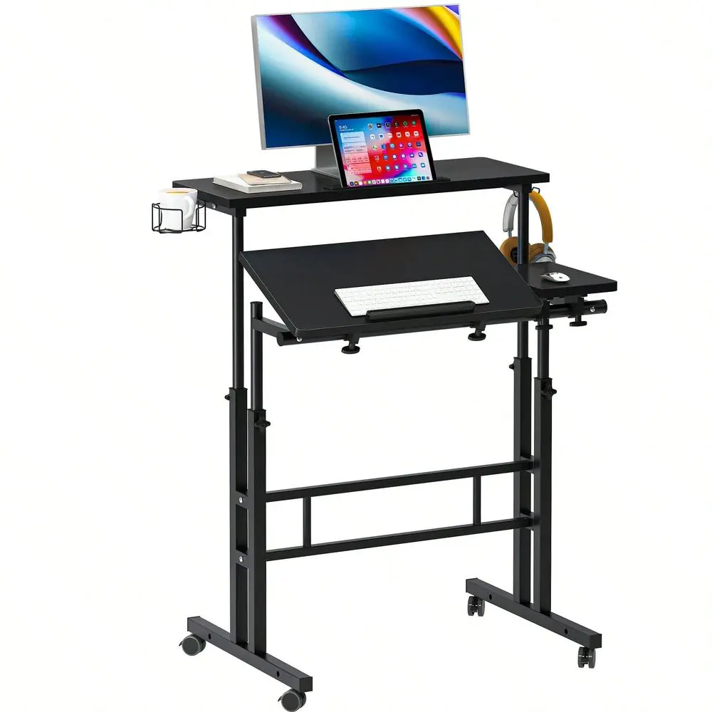 Rolling Standing Desk, Height Adjustable Home Office Desk, Mobile SitStand Laptop Desk With Hook And Cup Holder, Portable Desk
Rolling Standing Desk, Height Adjustable Home Office Desk, Mobile SitStand Laptop Desk With Hook And Cup Holder, Portable Desk
