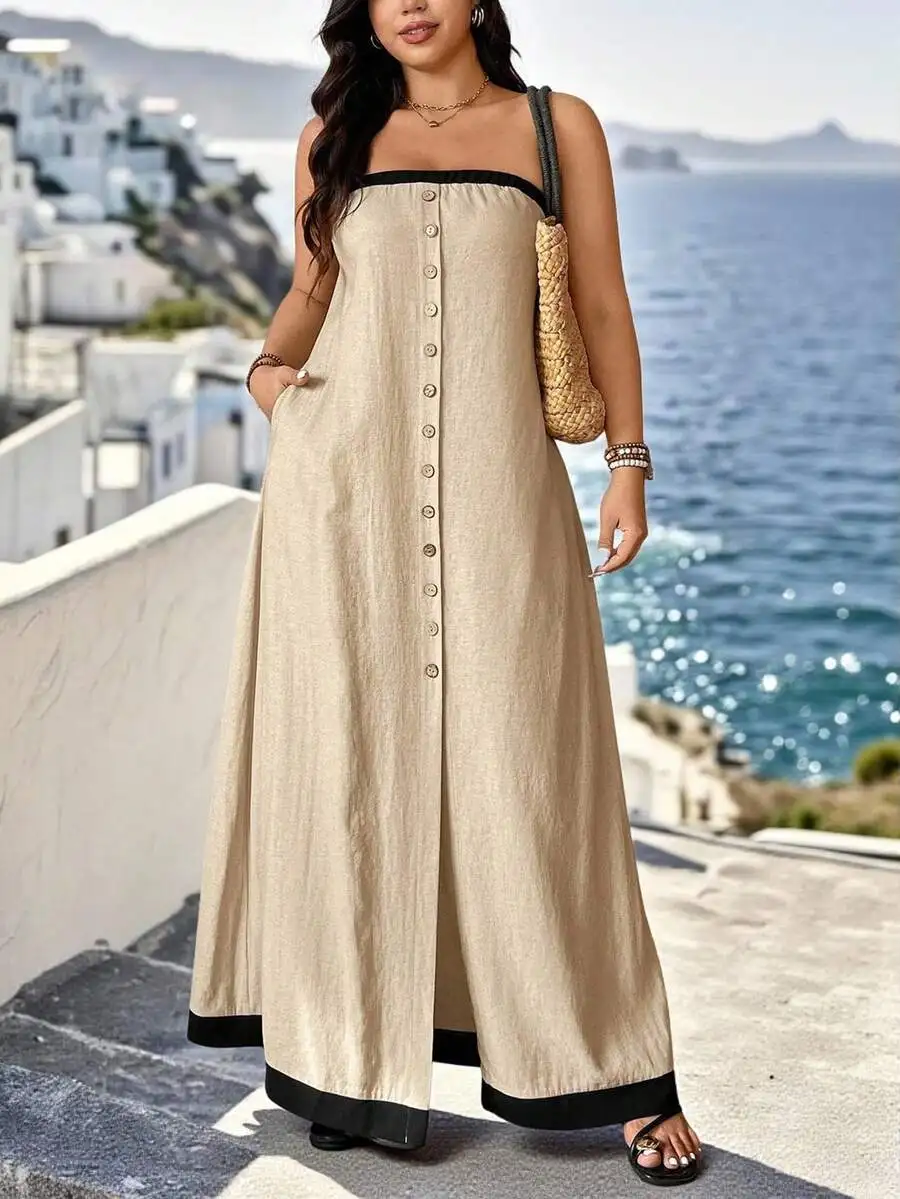 Faux Linen Sleeveless Open Front Button Maxi Dress For Women Elegant Vacation Beach Outfit
Faux Linen Sleeveless Open Front Button Maxi Dress For Women Elegant Vacation Beach Outfit