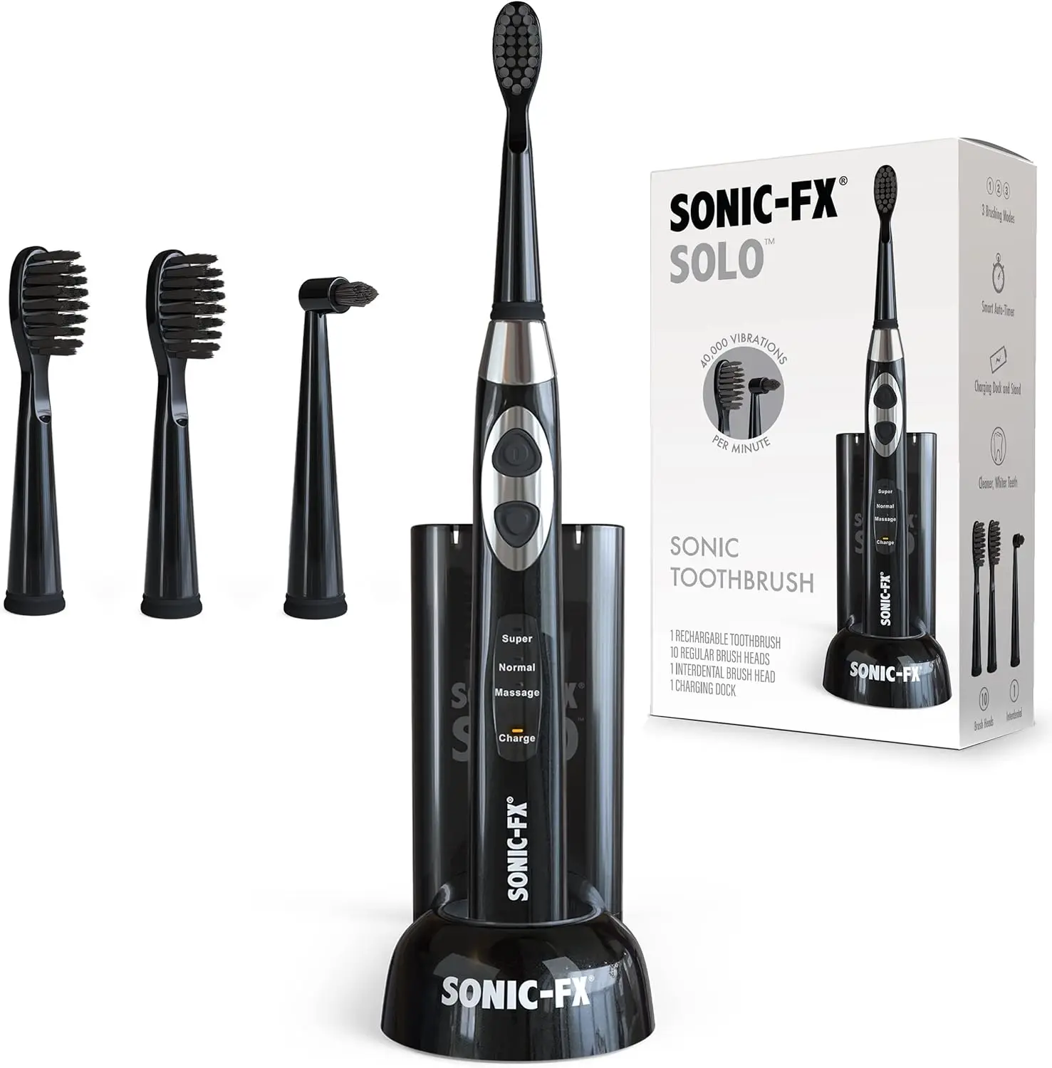 Rechargeable Electric Toothbrush with 3 Modes, Auto Timer, 2 Brush Heads & Interdental Head - Black
Rechargeable Electric Toothbrush with 3 Modes, Auto Timer, 2 Brush Heads & Interdental Head - Black