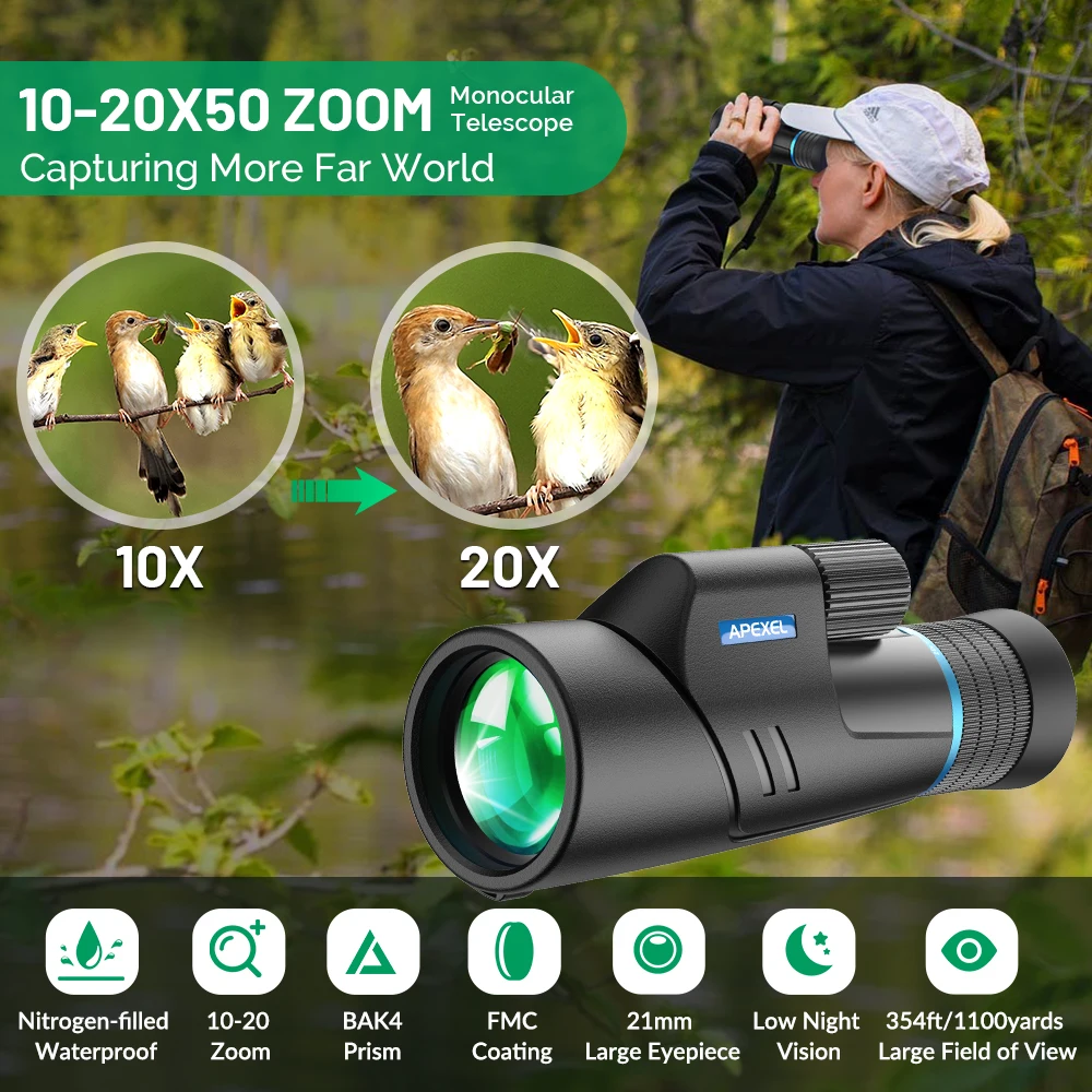 APEXEL 10-20X50 High Power Monocular Telescope, Larger Vision Monoculars Zoom Telescope for Bird Watching Hunting Hiking Camping
APEXEL 10-20X50 High Power Monocular Telescope, Larger Vision Monoculars Zoom Telescope for Bird Watching Hunting Hiking Camping